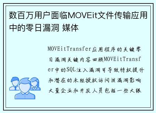 数百万用户面临MOVEit文件传输应用中的零日漏洞 媒体 数百万用户面临MOVEit文件传输应用中的零日漏洞 媒体